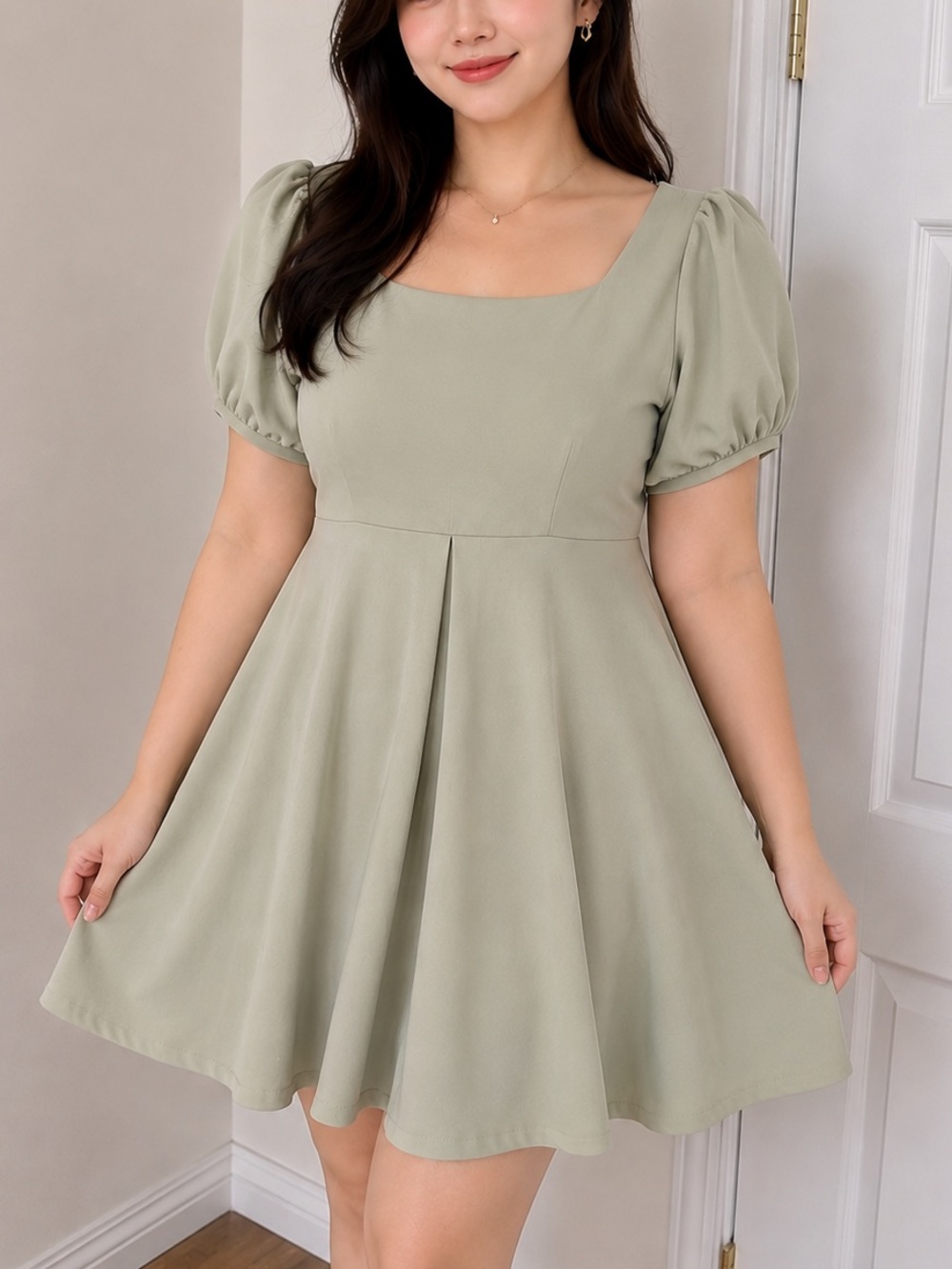 Sage Green Puff Sleeve Skater Dress